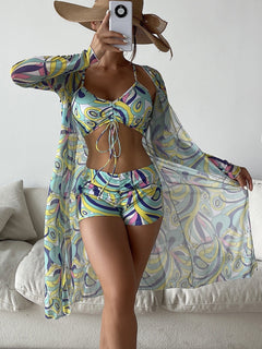 Catherine – 3-teiliges Bikini-Set mit Langarm-Cardigan für den Sommerstrand in Grün