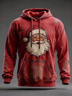 Men's Vintage Distressed Santa Claus Print Long Sleeve Hooded Sweatshirt in Red