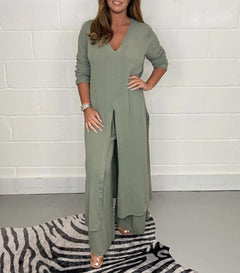 Damen Lassig Zweiteiliges Set | Lang Top und Hosen in Grün