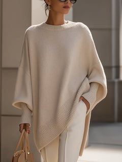 Kimia - Übergroß Gestrickt Rundhalsausschnitt Pullover in Beige