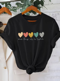 Herz-Print Kurzarm-T-Shirt für Damen in Schwarz