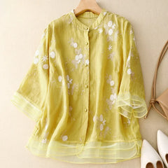 Camille | Elegante Bluse aus bestickter Baumwolle in Gelb