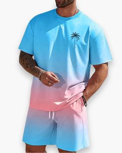 Herren Sommer Set mit Farbverlauf | T-Shirt & Shorts im Lässigen Strandlook in Hellblau zu Rosa