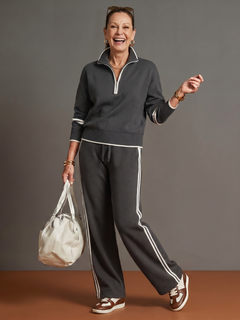 Regen | Zip-Hals Langarm-Seitenstreifen Leggings-Set in Grau