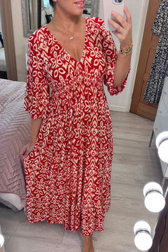 Frida - Lässiges V-Ausschnitt - Blumenkleid in Rot
