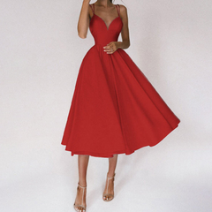 Damen Elegant Abendkleid | Cocktailkleid mit Spaghettiträgern und Herz-Ausschnitt in Rot