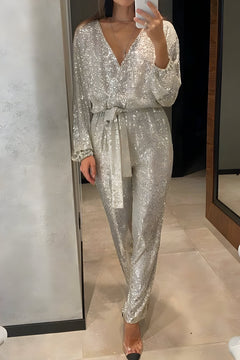 Lioren | Damen V-Ausschnitt Pailletten Jumpsuit in Silber