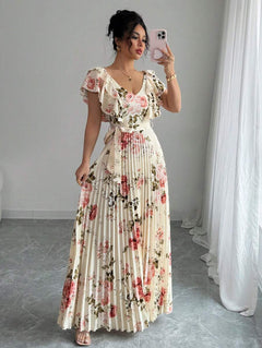 Paulina – V-Ausschnitt Damenkleid Mit Blumenprint Und Volant in Beige