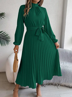 Sana | Damen Abend Plissierter Hochgeschlossener Midikleid in Grün