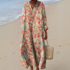 Millie | Retro Floral Dress in V-Ausschnitt mit langen Ärmeln