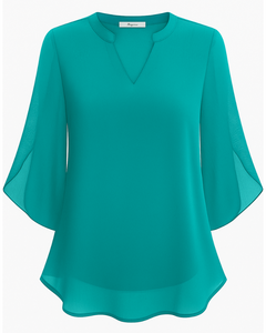 Damen Elegante V-Ausschnitt Bluse | 3/4 Ärmel in Blaugrün