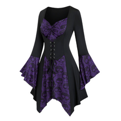Damen Gothic Halloween-Kleid mit Spitze | Midi-Länge und Trompetenärmeln in Lila