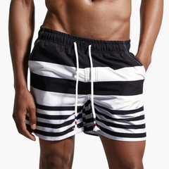Gestreifte Badeshorts - Herren Schwimmshorts mit Kordelzug in Schwarz