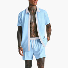 Herren Sommer Set mit Kurzarmhemd und Kordelzug Shorts in Himmelblau