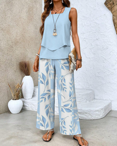 Damen Sommer Set Zweiteiler | Ärmelloses Top & Gerade Hose in Blau
