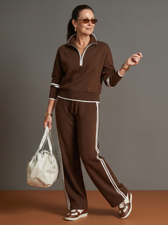 Regen | Zip-Hals Langarm-Seitenstreifen Leggings-Set in Braun