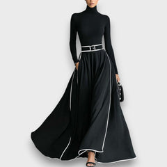 Marceline – Schwarzes Maxikleid mit weißen Nähten in Schwarz