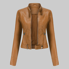 Lara | Damen Casual Gürtel Bikerlederjacke in Braun