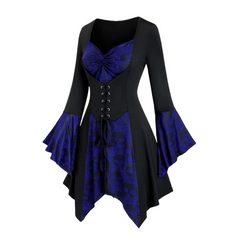 Damen Gothic Halloween-Kleid mit Spitze | Midi-Länge und Trompetenärmeln in Blau