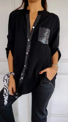 Jasmine | Elegantes V-Ausschnitt-Shirt mit funkelnden Pailletten für Damen in Schwarz