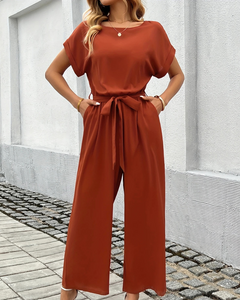 Damen Jumpsuit Mit Gürtel & Weitem Bein | Kurzarm in Mandarinenrot