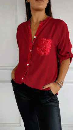 Jasmine | Elegantes V-Ausschnitt-Shirt mit funkelnden Pailletten für Damen in Rot