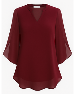 Damen Elegante V-Ausschnitt Bluse | 3/4 Ärmel in Weinrot