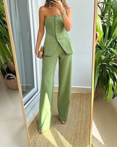 Elegantes Damen-Set mit ärmelloser Weste und weiter Hose in Grün