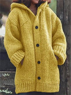 Lange Damen-Strickjacke mit Kapuze | Warme in Gelb