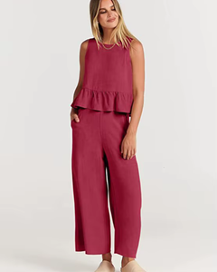 Damen Lässig Leichte Zweiteiliges Set | Hose und Oberteil in Rot