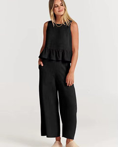 Damen Lässig Leichte Zweiteiliges Set | Hose und Oberteil in Schwarz