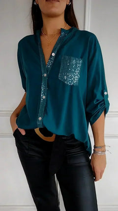 Jasmine | Elegantes V-Ausschnitt-Shirt mit funkelnden Pailletten für Damen in Meergrün