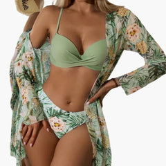 3-teiliges Damen-Bikini-Set - mit Kimono und High-Waist-Hose in Grün