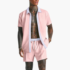 Herren Sommer Set mit Kurzarmhemd und Kordelzug Shorts in Rosa
