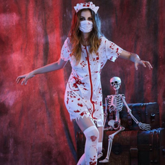 Damen Halloween Kostüm | Kurzarm Kleid mit Blutflecken und Reißverschluss in Weiß