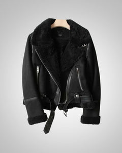 Vanessa | Damen Leder Sherpa Bikerjacke in Schwarz