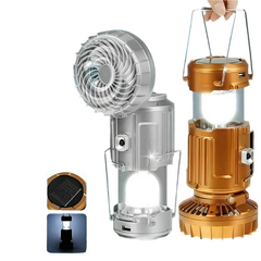 SolarBreeze LED Campinglaterne – Zusammenklappbares Licht mit Eingebautem Ventilator und USB-Wiederaufladbarem Strom in Gold