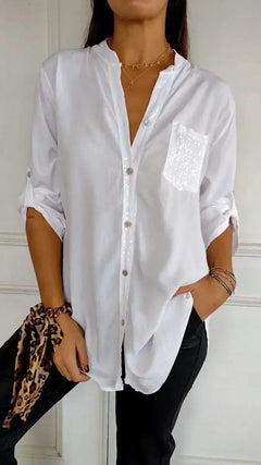 Jasmine | Elegantes V-Ausschnitt-Shirt mit funkelnden Pailletten für Damen in Weiß
