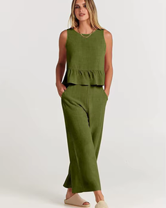 Damen Lässig Leichte Zweiteiliges Set | Hose und Oberteil in Millitärisch Grün
