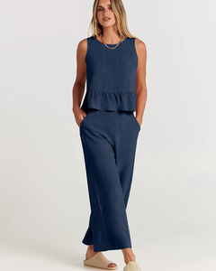Damen Lässig Leichte Zweiteiliges Set | Hose und Oberteil in Blau