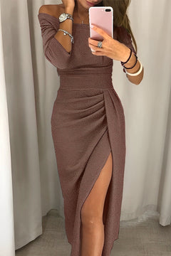 Bethney - Glamouröses schulterfreies Damenkleid in Braun
