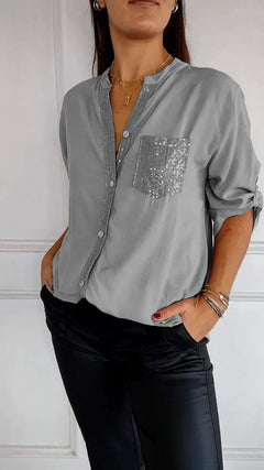 Jasmine | Elegantes V-Ausschnitt-Shirt mit funkelnden Pailletten für Damen in Grau