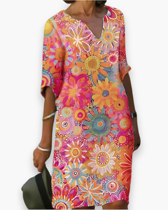 Damen Midi Kleid mit V-Ausschnitt | Blumenlook in Rosa