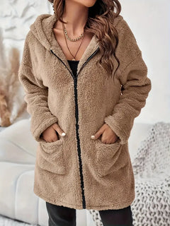 Damen ELEGANTER REISSVERSCHLUSS-PATCH-TASCHEN LANGARM PLÜSCH KAPUZENMANTEL | STILVOLL, BEQUEM, WARM in Khaki