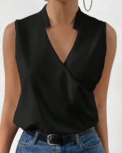 Damen Elegantes Ärmelloses Wickeloberteil | V-Ausschnitt Bluse in Schwarz