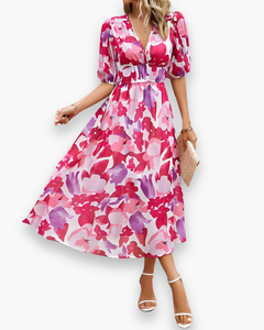 Damen Elegantes Blumendruck Midikleid | Midi Sommer Kleid in Rot