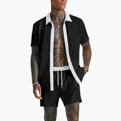 Herren Sommer Set mit Kurzarmhemd und Kordelzug Shorts in Schwarz
