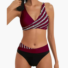Glitzer Streifen Bikini - mit Damen High-Waist Schnitt in Rot