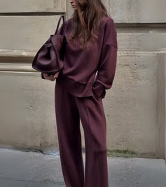 Elowen | Two-Piece Knit Set in Deep Burgundy Brown in Red