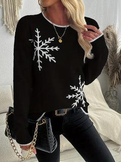 SCHNEEFLOCKEN-MUSTER RUNDHALS-PULLOVER | WARM, STILVOLL, BEQUEM in Schwarz